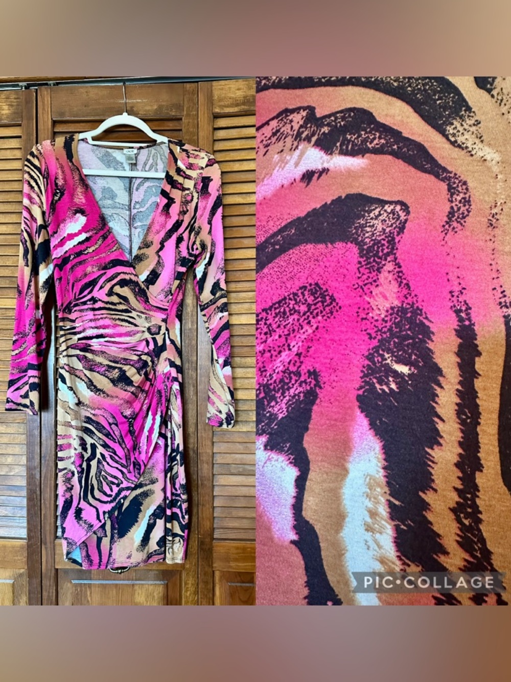 Caché faux wrap ruched long sleeve animal print pink and tan dress - Picture 2 of 8